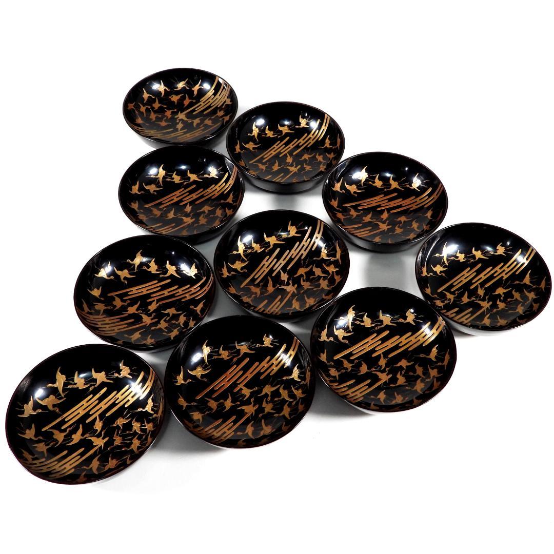 【ゆりかご】金蒔絵 千羽鶴 黒塗煮物椀 10客 木製漆器 天然木