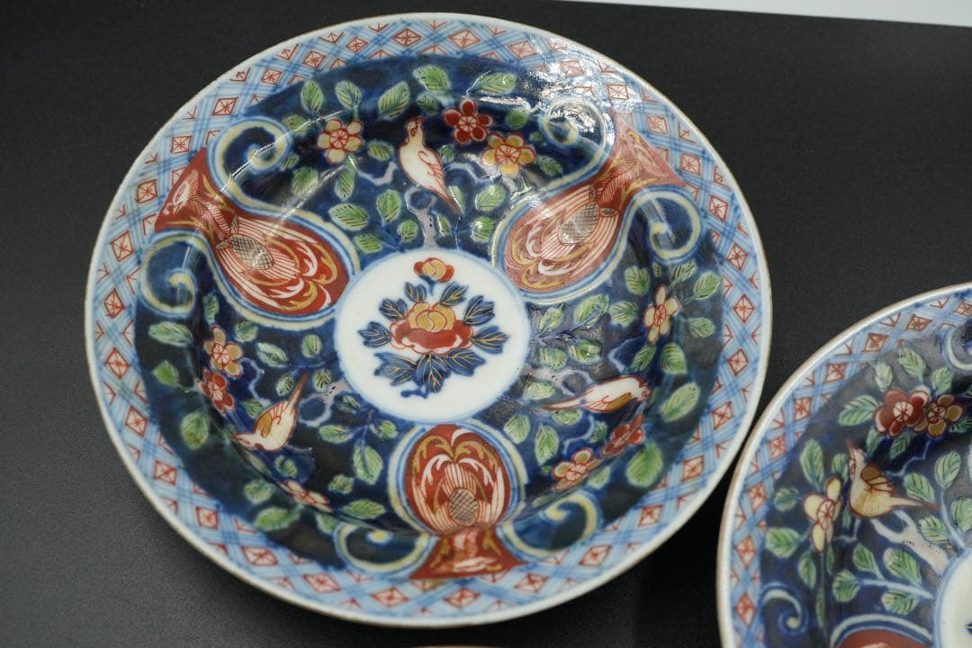 古伊万里　里帰り　元禄享保染錦皿　五客　磁貫アリ