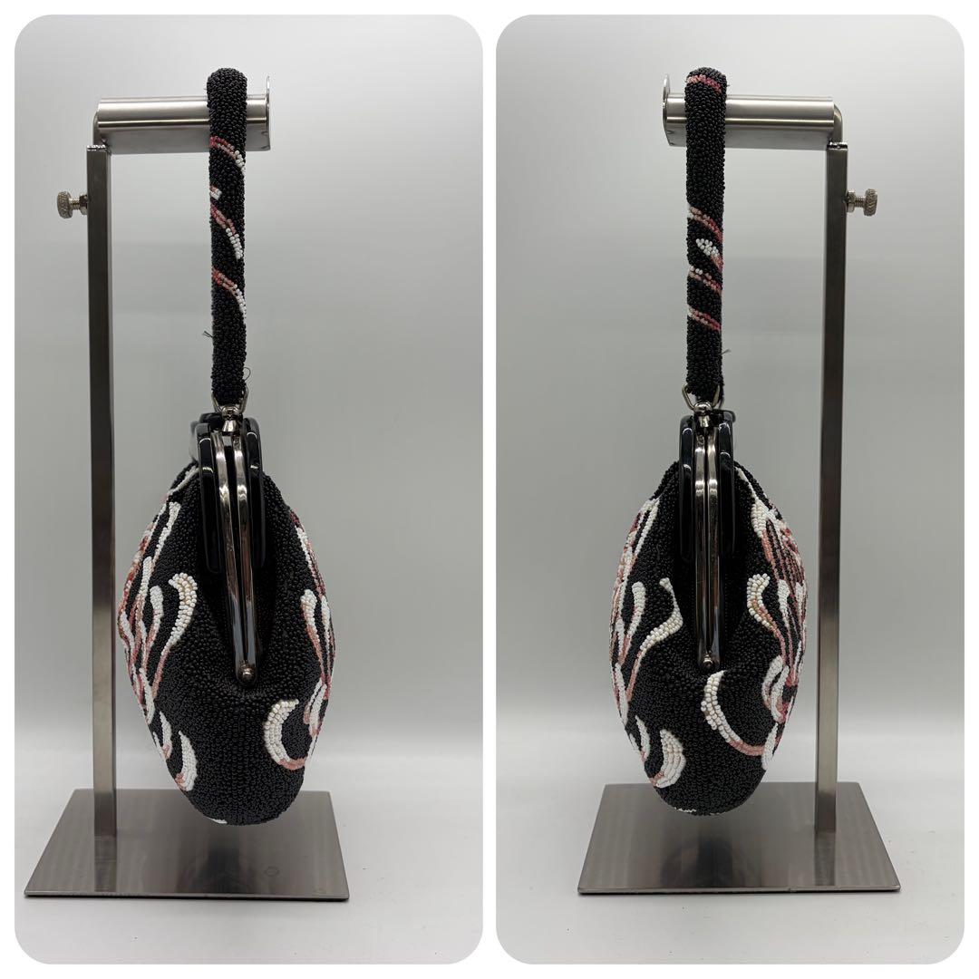 1570 総ビーズ ハンドバッグ 乱菊 黒地 昭和レトロ 和装小物 成人式