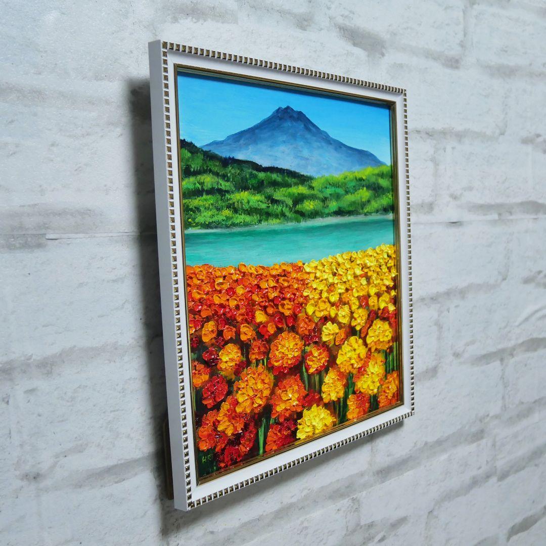 油絵 油彩 油彩画 絵 絵画【マリーゴールドと富士山】
