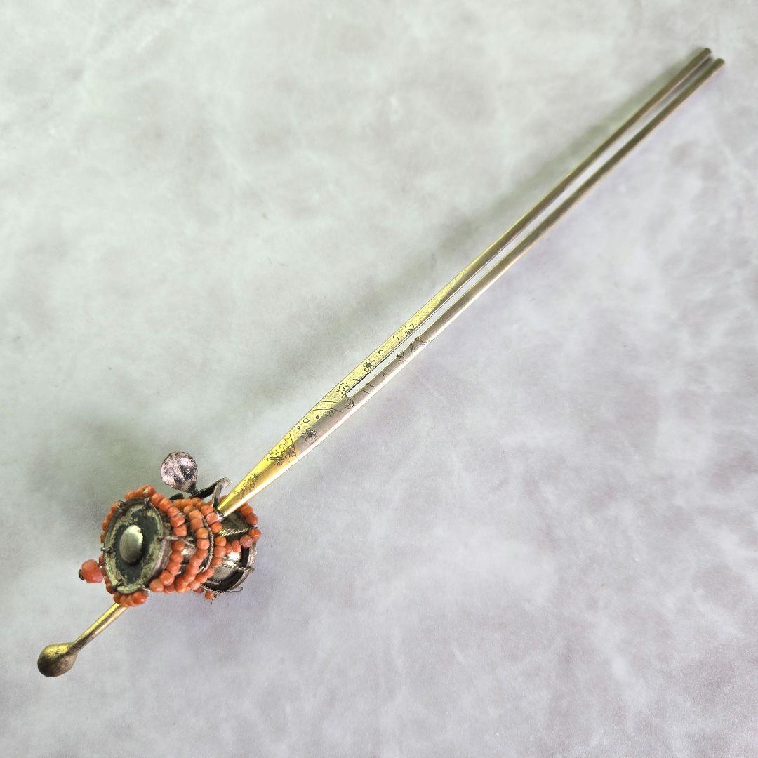 アンティーク金工珊瑚簪銀かんざし鼓G8着物明治骨董髪飾り