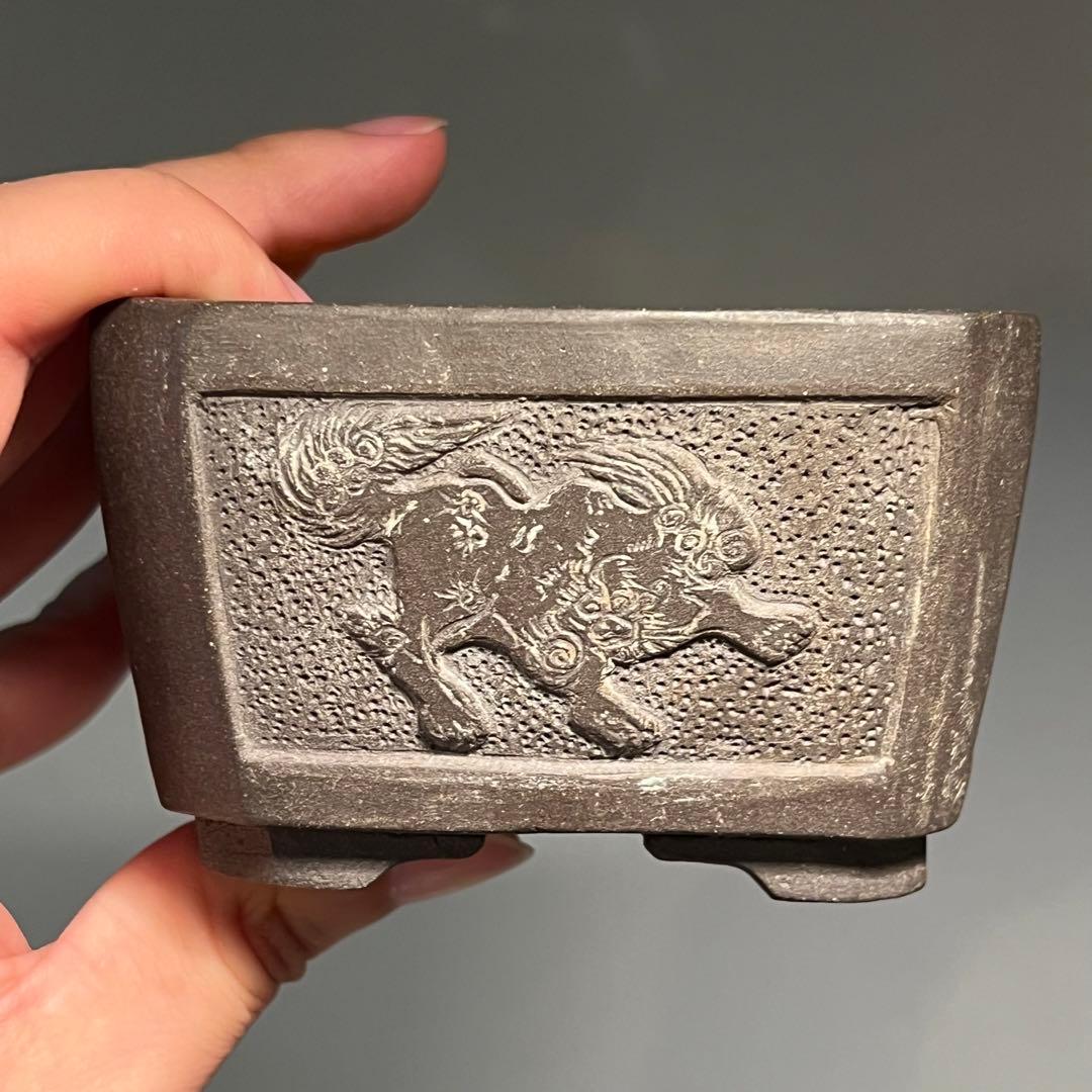 823.石心 灰泥彫刻唐獅子切角長方 盆栽鉢 植木鉢 10.7*9*5.5cm