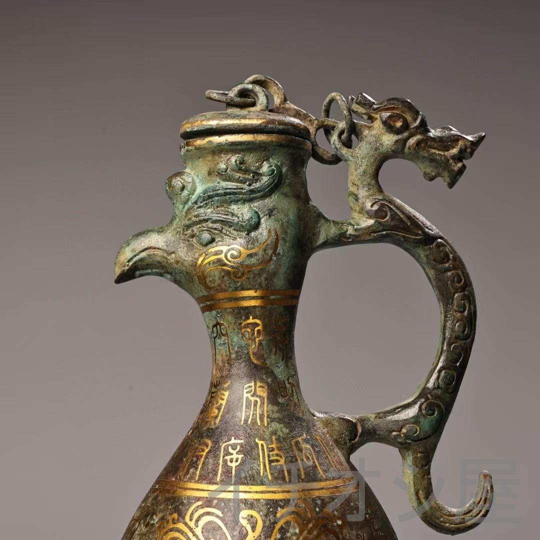 中国古美術 旧藏 錯金青銅器 烏壺 一対 時代物 骨董 花器 飾壺