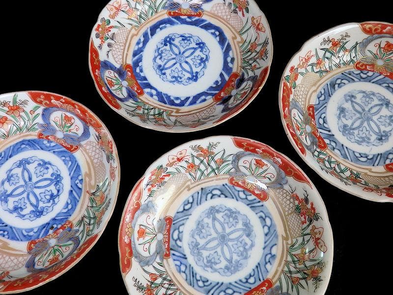 古伊万里　色絵　蝶に菖蒲の図　４寸皿　４枚　C232AS-WWs