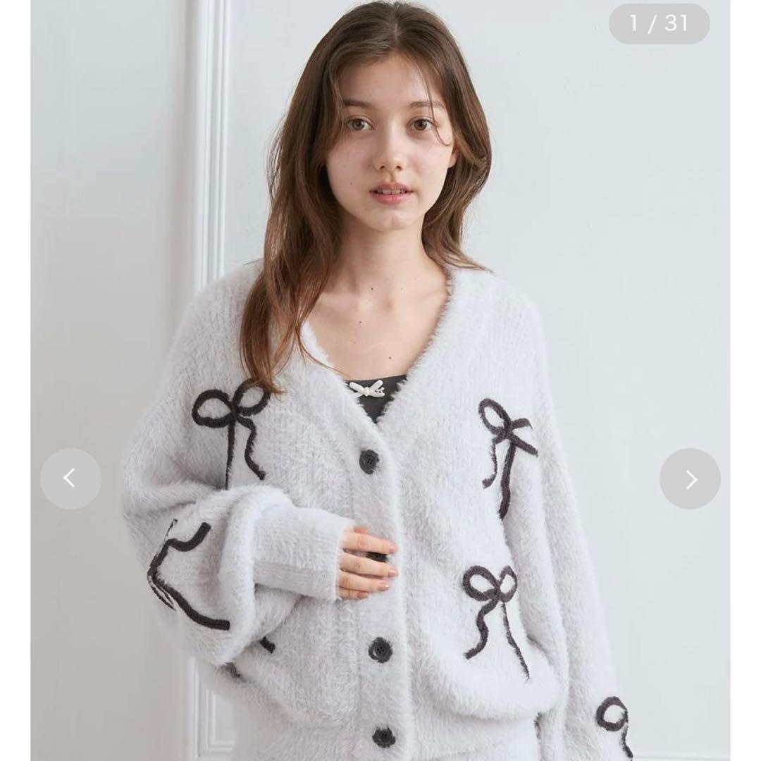 ジェラートピケ　gelatopique リボンフェザーカーディガン グレー