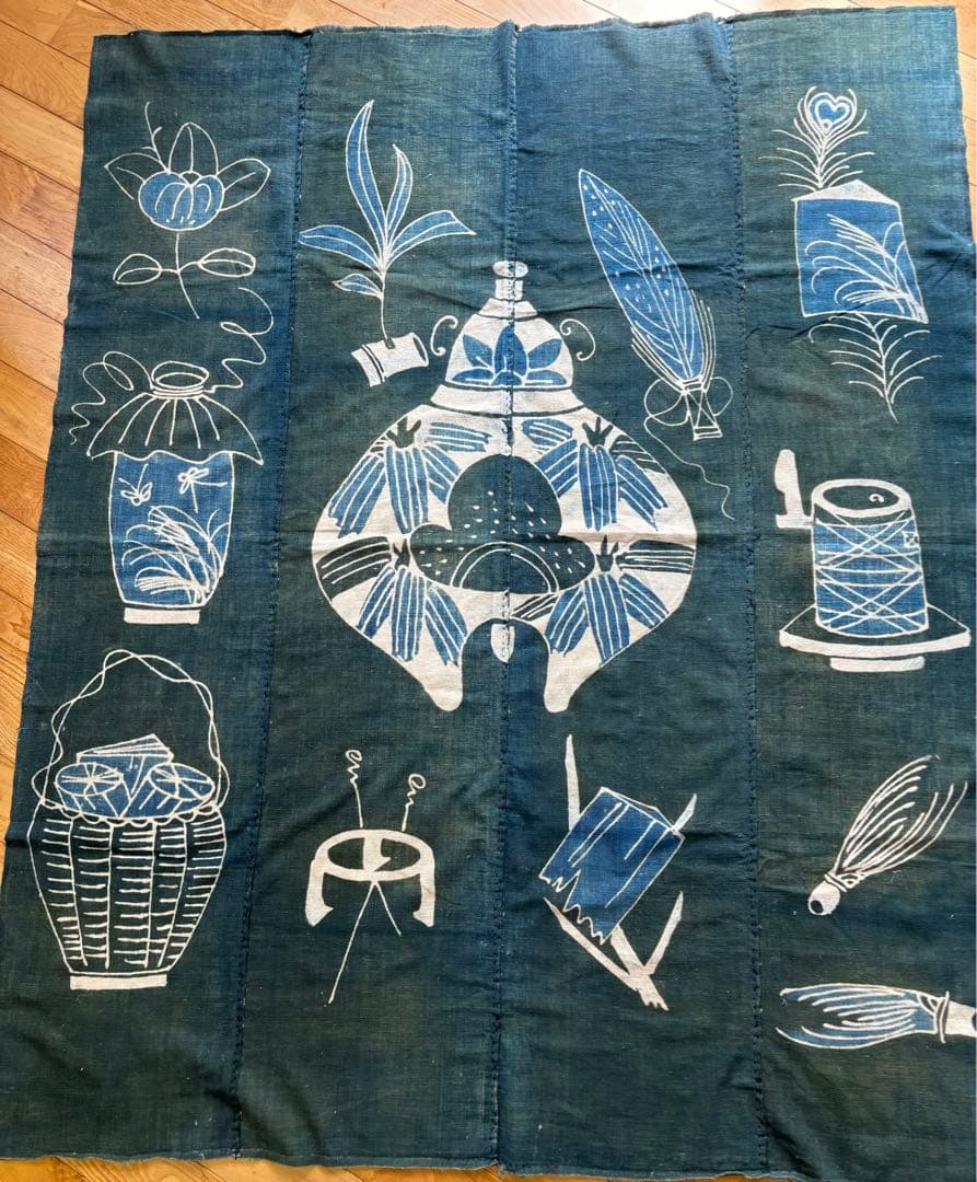 古布 茶道具の筒描 藍染 木綿 緑 木綿 型染め 襤褸 アンティーク