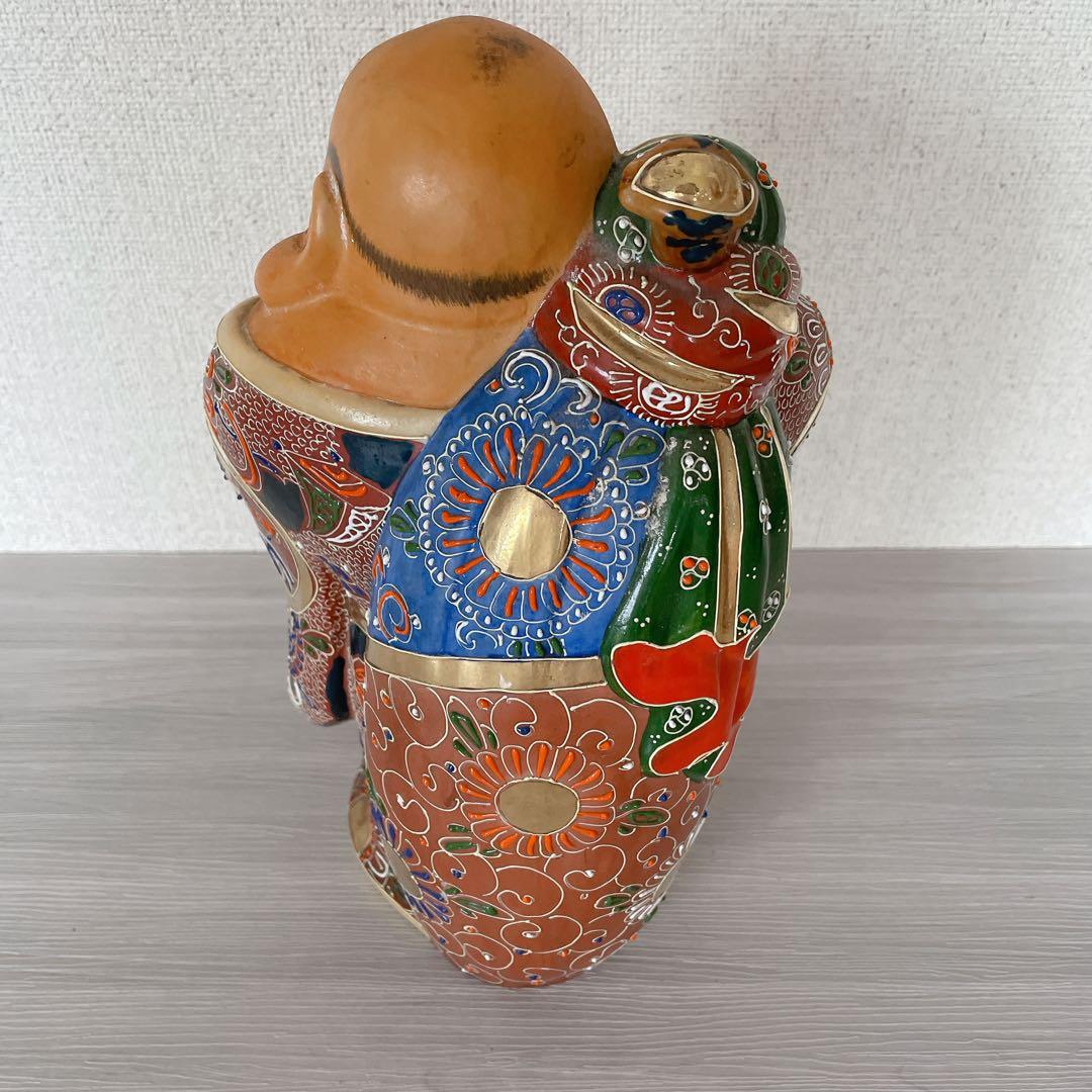 古い九谷焼 布袋様 陶器置物 染付 昭和初期 縁起物〈検七福神 薩摩焼