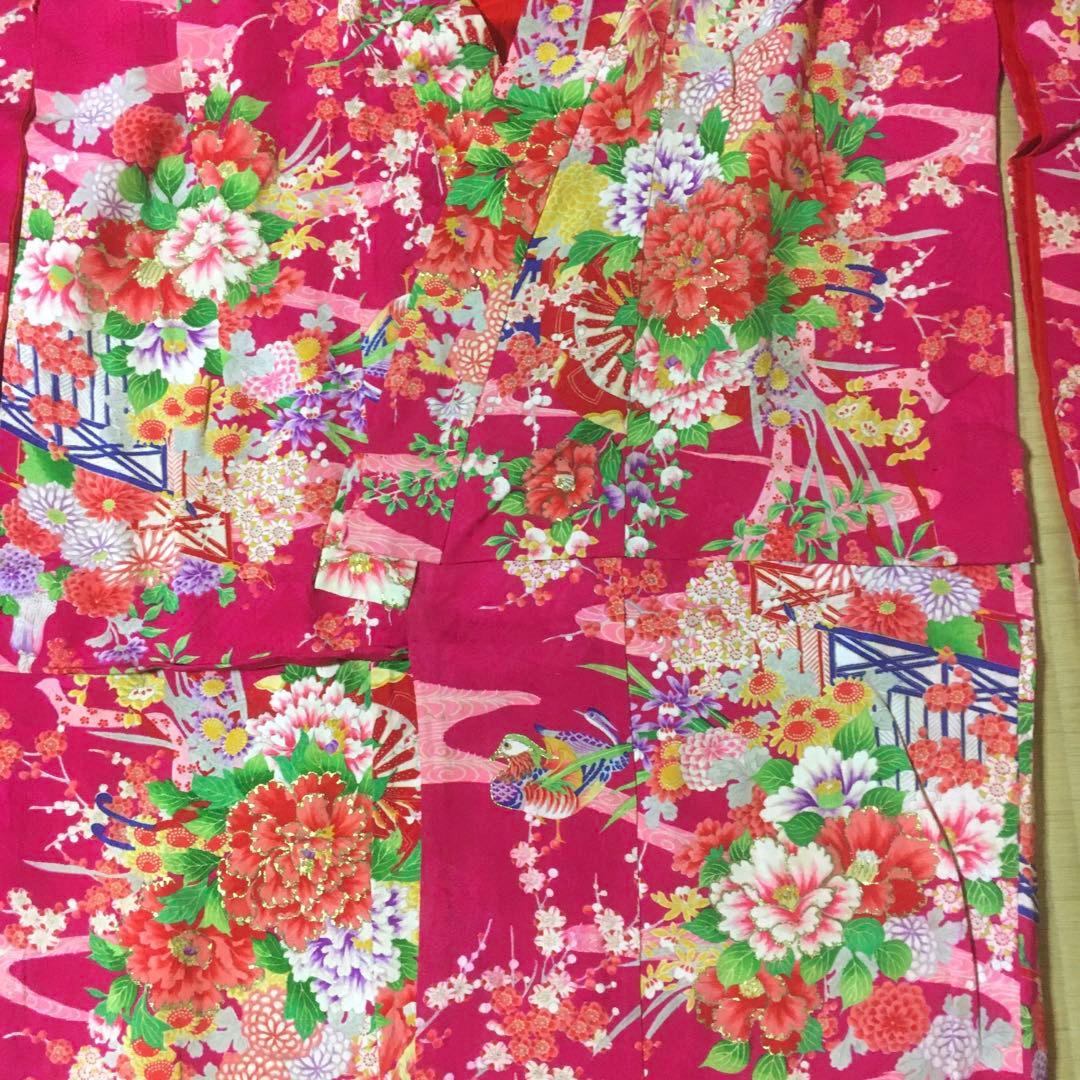 七五三　女の子　アンティーク着物　鳥花柄　　　　当時物　　　　　昭和20年代後期
