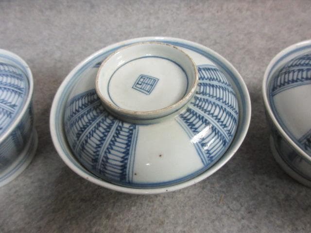 古伊万里 染付 蓋茶碗 3個 [B22848] 算木文 アンティーク 古美術