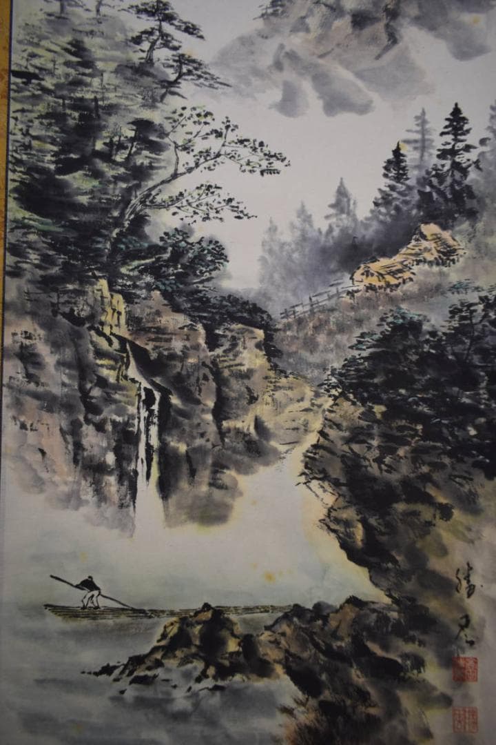 真作/高田勝風/山水人物筏図/彩色山水図/人物/布袋屋掛軸HJ-876