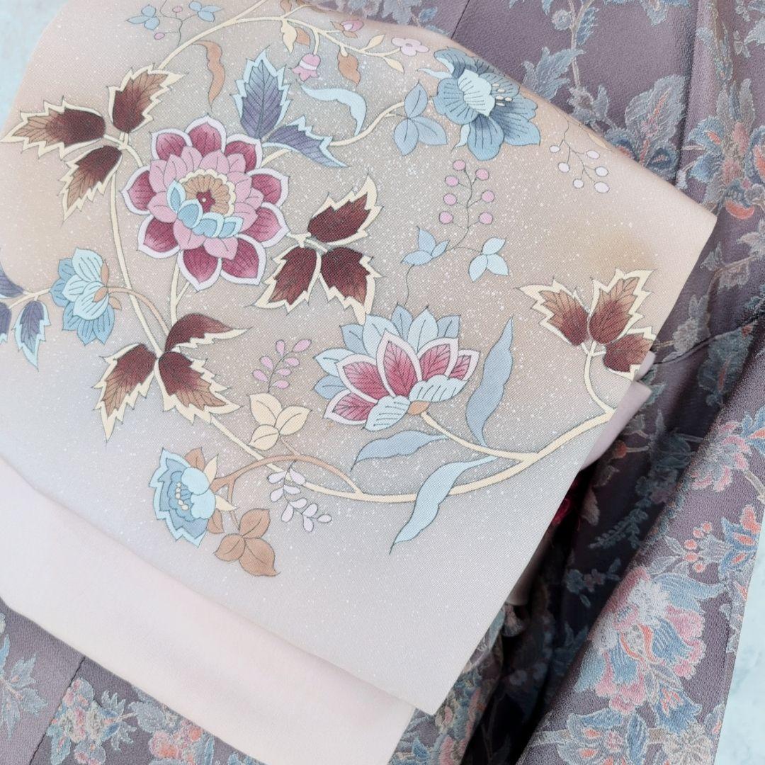 更紗小紋のお着物正絹 小紋 フルセット 着物 正絹 更紗 暗紫 花 縮緬