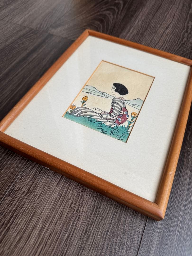 竹久夢二 女性の肖像 木製フレーム 額220x275 絵90x130mm