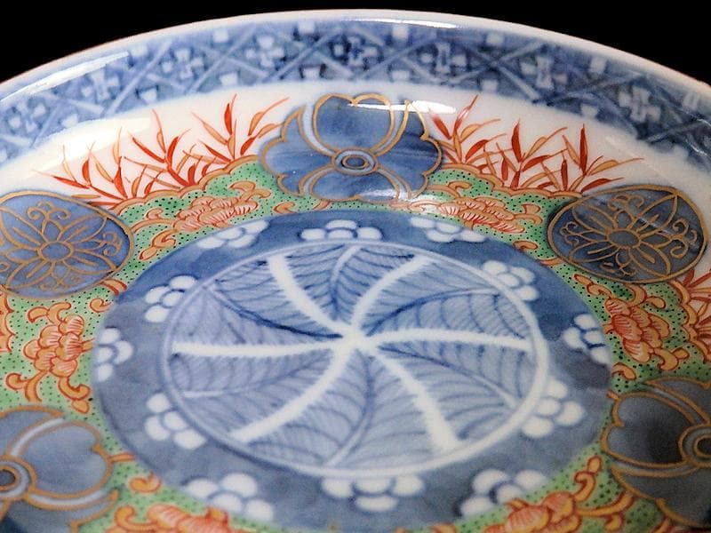 大聖寺古伊万里　金襴手　丸紋に笹の図　４寸皿　４枚　094AS-CAn