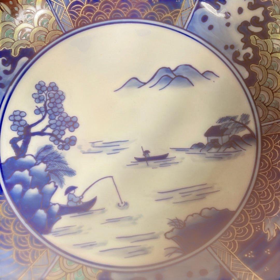【古伊万里文】古伊万里の伝統　日本の名窯　染錦六方割富士波蝶山水絵　十二角大深鉢