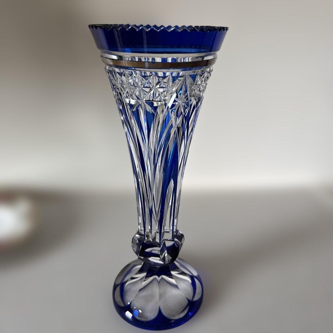 江戸切子 カガミクリスタル花瓶 コバルトブルー クリスタルガラス