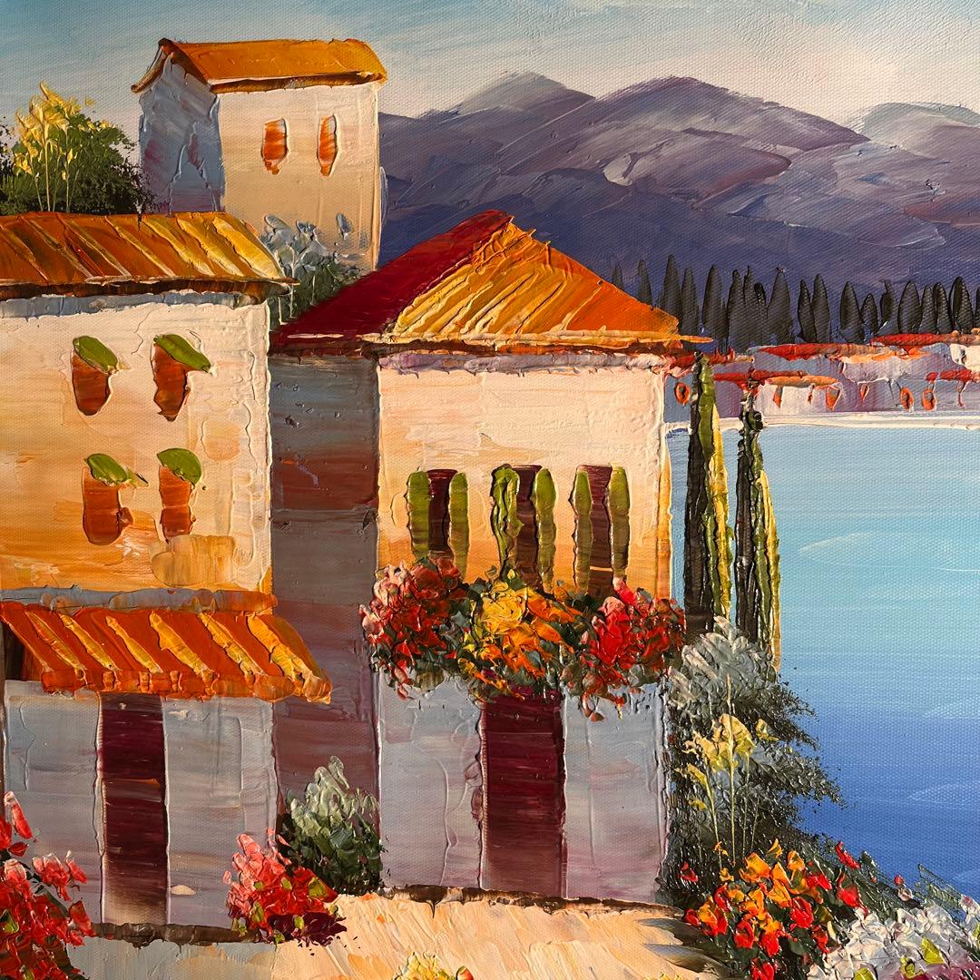 手書き油絵 地中海の風景 額付 肉筆絵画 インテリア 油彩画 - メルカリ