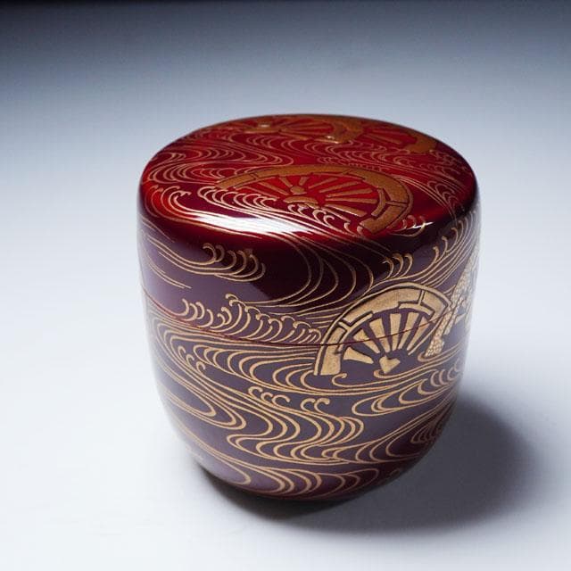 三代 清石（川谷内正廣）波車蒔絵棗 内梨地 共箱 輪島塗 薄茶器 茶道具
