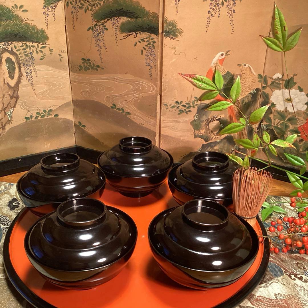 A1035 木製輪島塗　懐石道具　衝羽根に流水菖蒲　蒔絵　5客