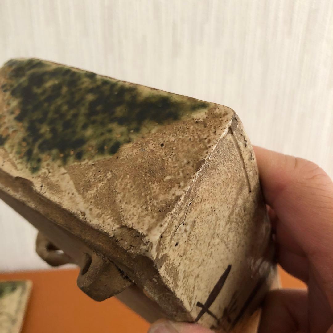 時代織部三つ足蓋物　骨董品