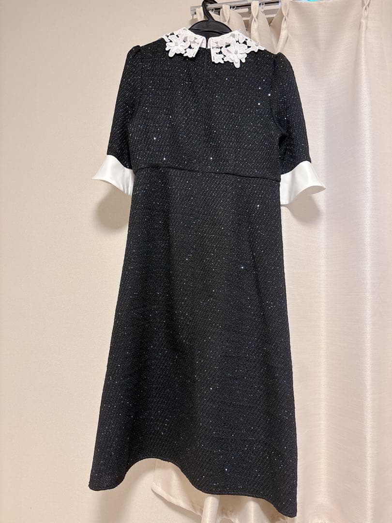 【LEJA】花柄レースカラースパンコールAラインワンピースドレス ブラックS