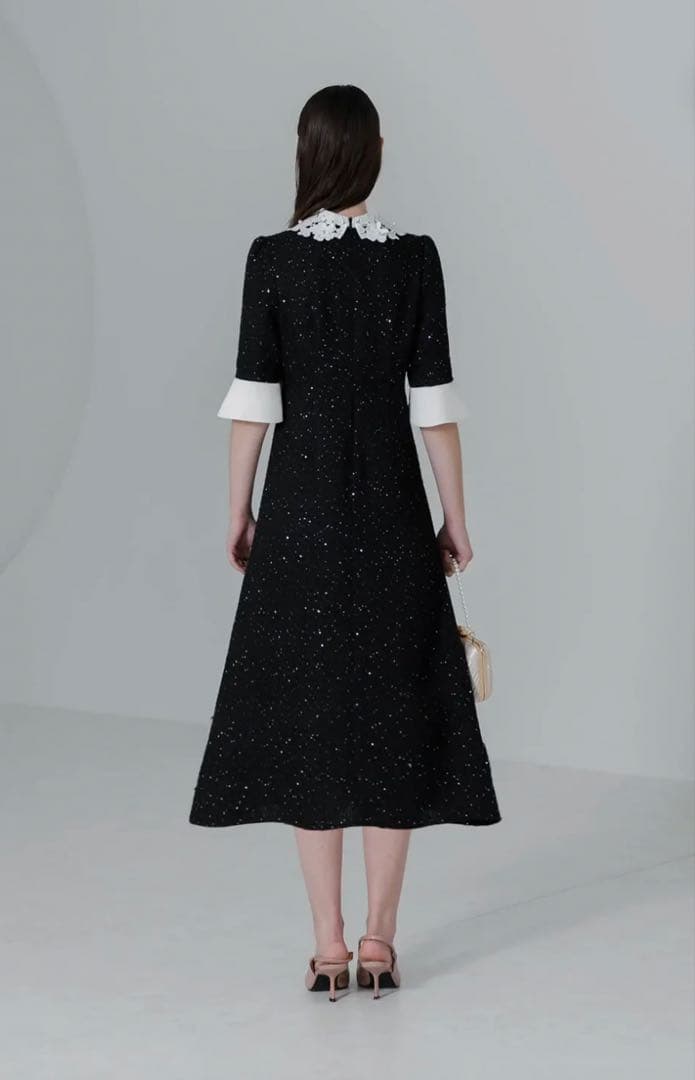 【LEJA】花柄レースカラースパンコールAラインワンピースドレス ブラックS