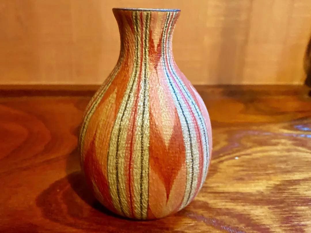 極上！福野道隆作優美な繊細画の《赤絵絣文》（検笠間焼花器徳利ルーシーリー