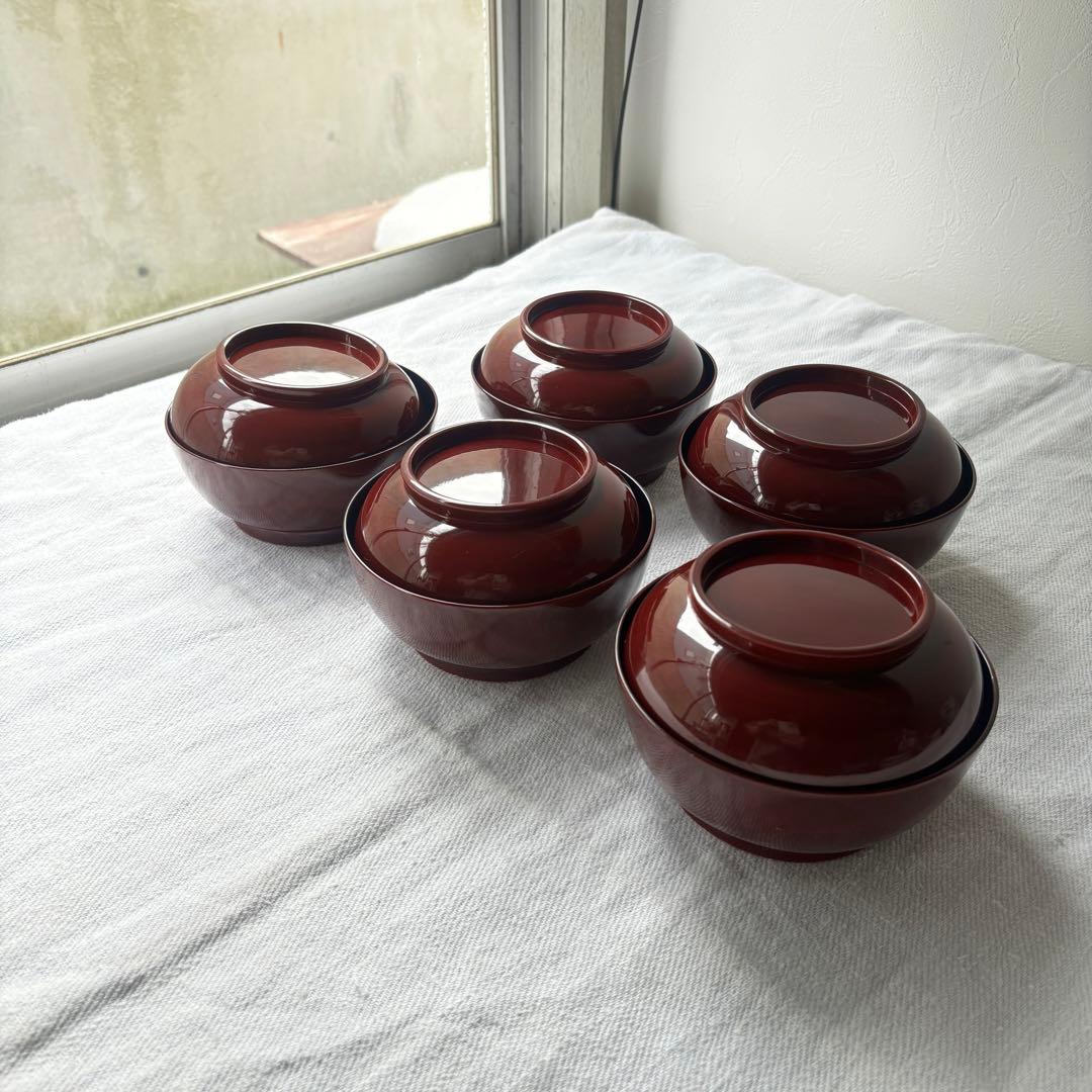 時代 溜塗漆に愛らしい松竹梅の蒔絵お椀5点 梅、松の実（検輪島塗蒔絵