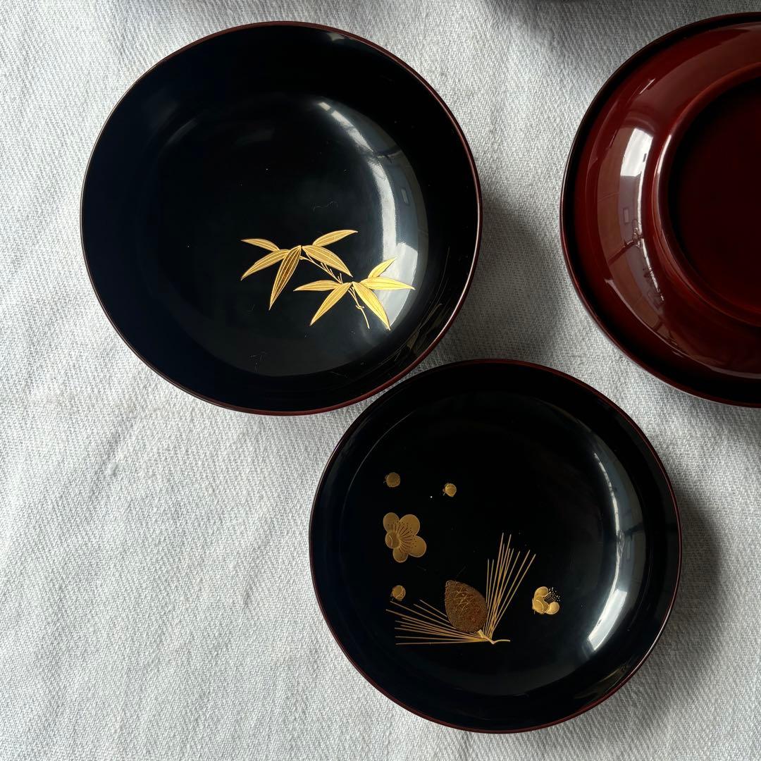 時代 溜塗漆に愛らしい松竹梅の蒔絵お椀5点 梅、松の実（検輪島塗蒔絵