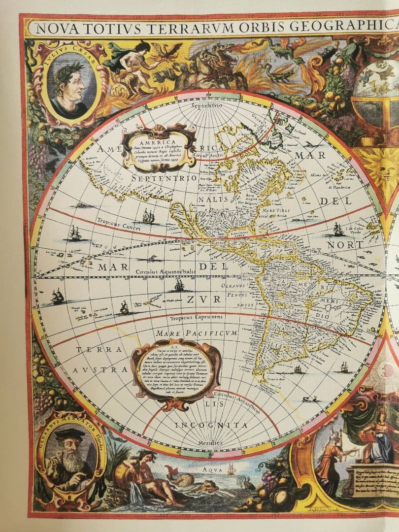 アンティーク ドイツ ローゼル 1641年の世界地図復刻 四元素 版画風