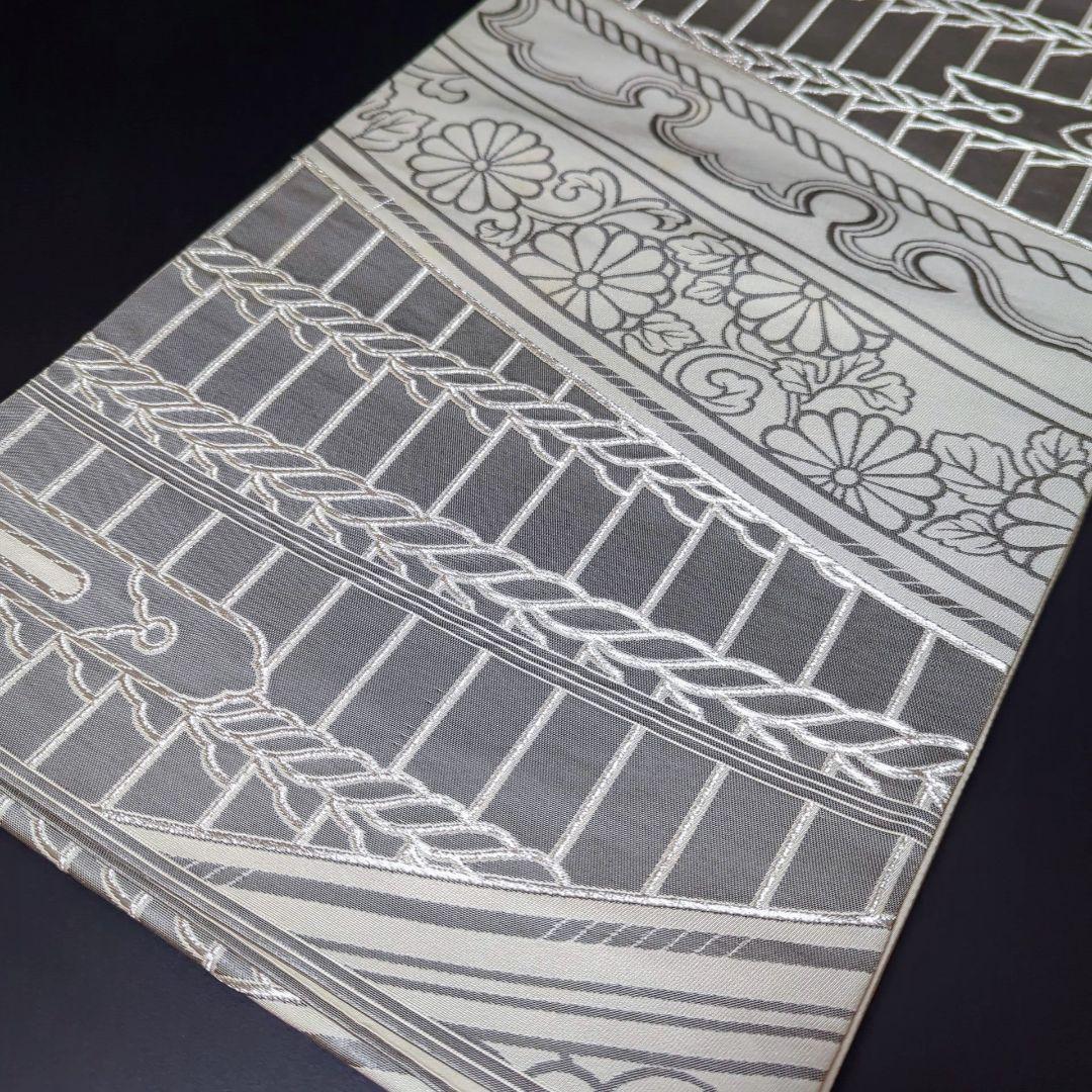 H-611 袋帯 正絹 六通 銀糸 華模様 シルバー - メルカリ