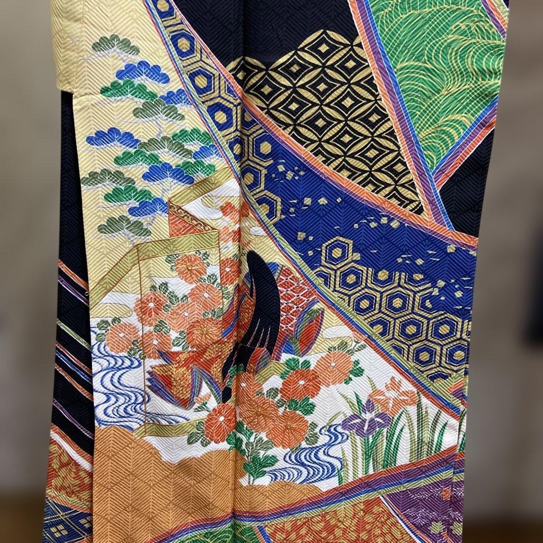 A 振袖 袷 正絹 黒地 お姫様 御所車 菊 菖蒲 着物 和装 和物 成人式