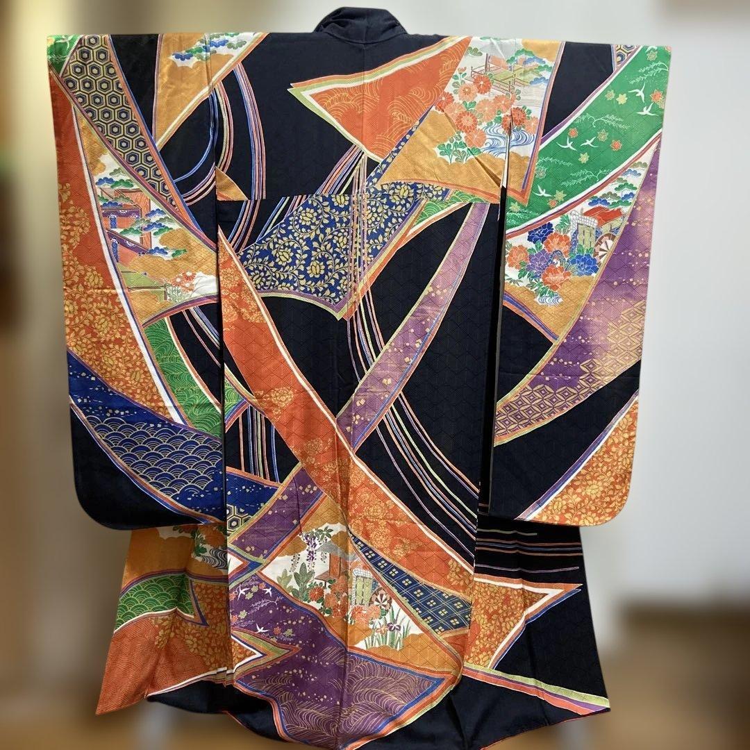 A 振袖　袷　正絹　黒地　お姫様　御所車　菊　菖蒲　着物　和装　和物　成人式 A 振袖 袷 正絹 黒地 お姫様 御所車 菊 菖蒲 着物 和装 和物 成人式 A