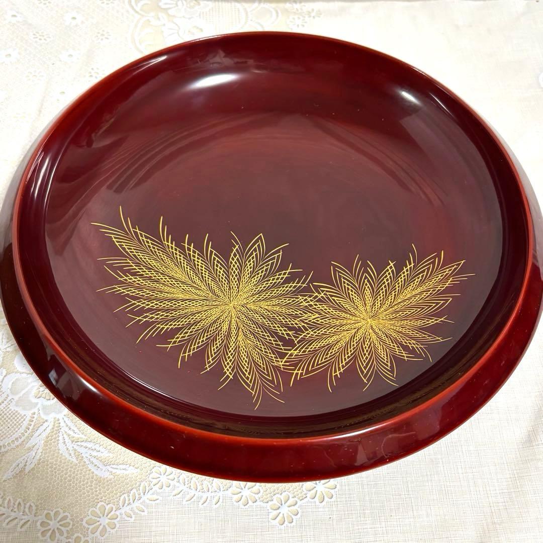 輪島塗 菓子鉢 朱塗 金彩文様 新本漆器店 新本錦川堂 共箱付 漆器 盆