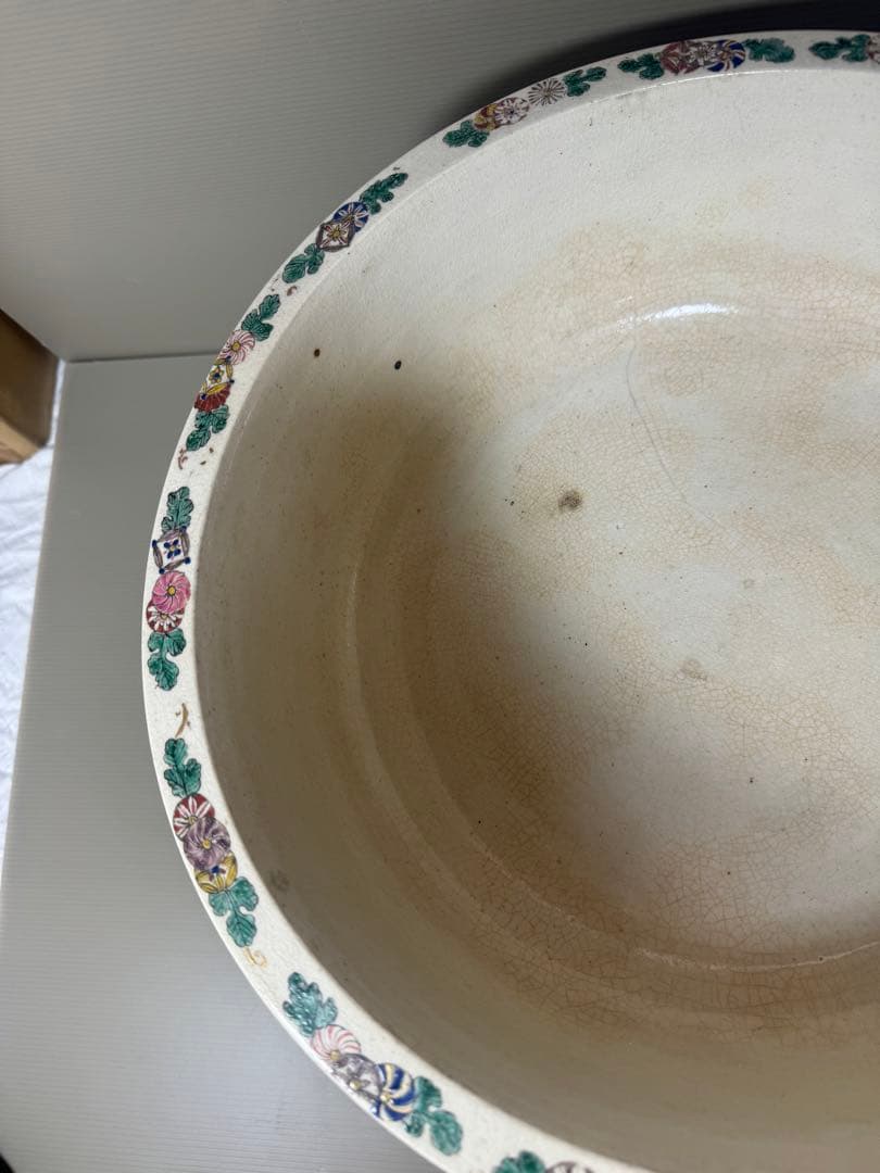 2175 骨董　色絵魚文　金魚鉢　花台付き　根木風　時代物