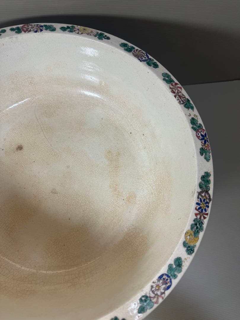 2175 骨董　色絵魚文　金魚鉢　花台付き　根木風　時代物