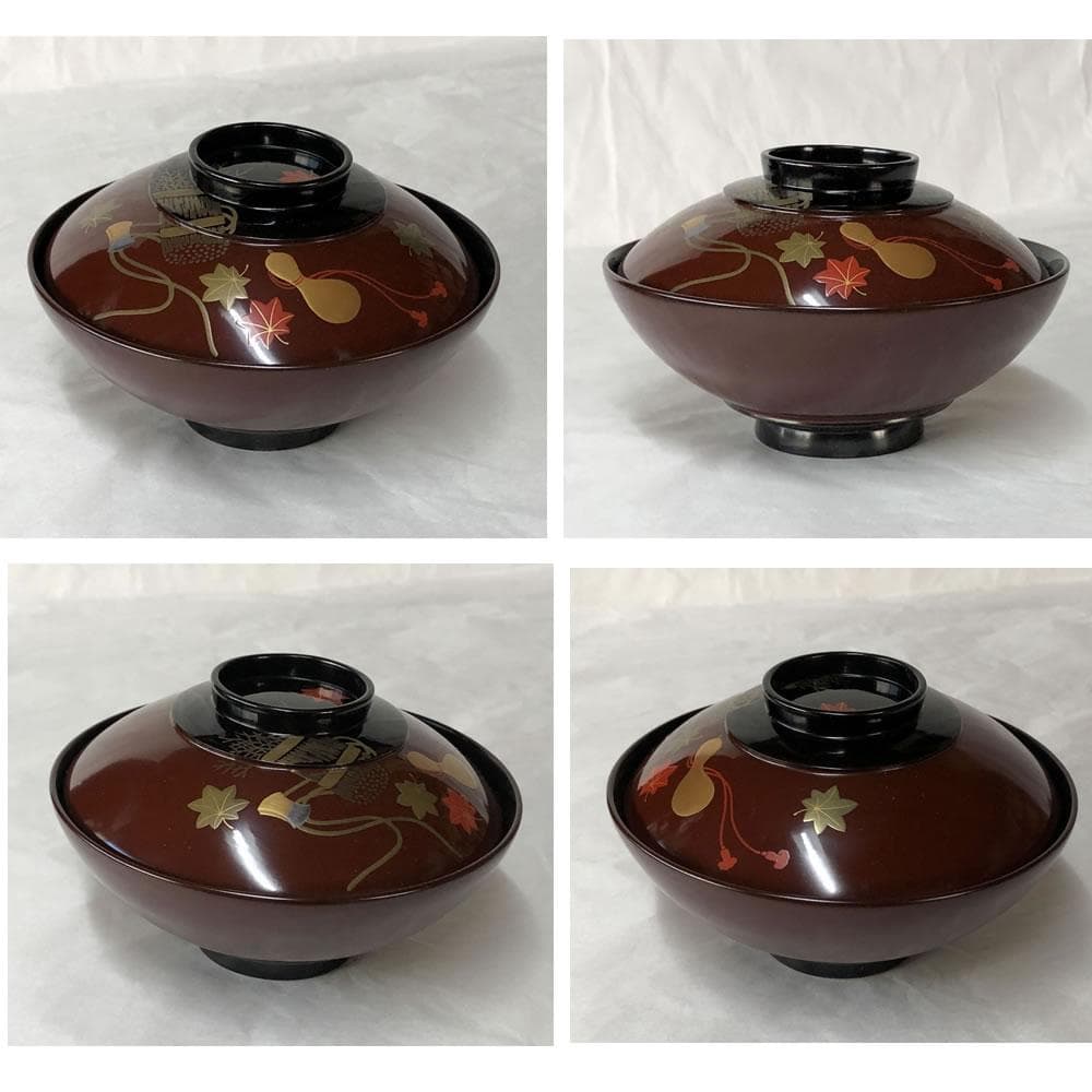 e2641 蒔絵 吸物椀 十客 木箱入り 瓢箪 紅葉 打出の小槌 木製 漆塗