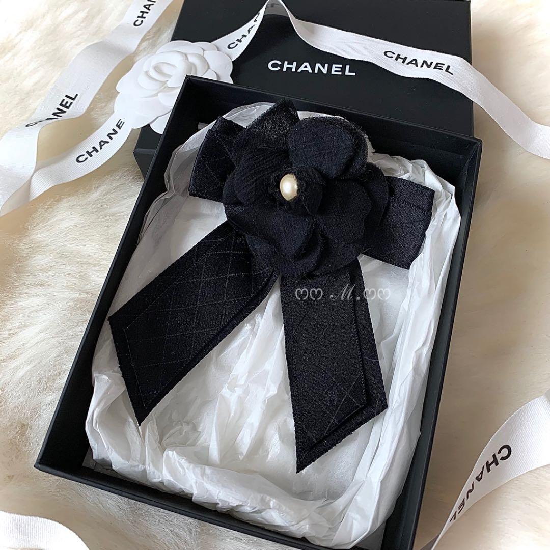 シャネル CHANEL 極美品 カメリア リボンブローチ サテンシルク ボウ