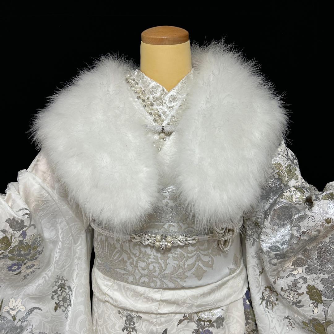 関芳 桂由美 白地薔薇シルバー振袖フルセット