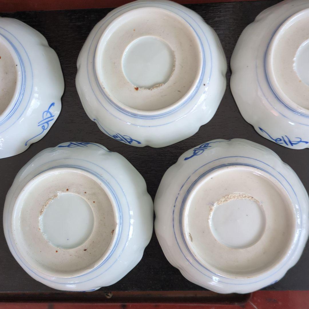 骨董 伊万里 色絵 なます皿 皿 陶器 梅に燕 花弁形 5枚〜