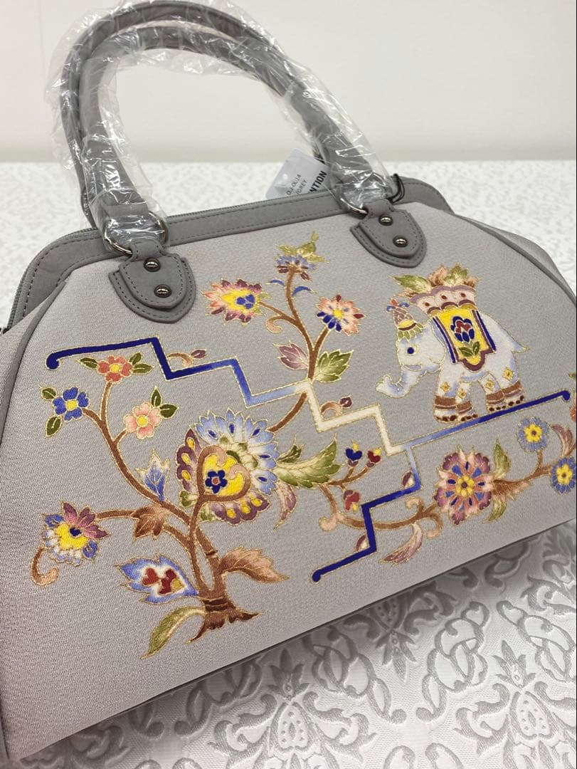 岡重謹製 未使用品 OKAJIMA バッグ 京友禅 金彩 象 唐花 正絹