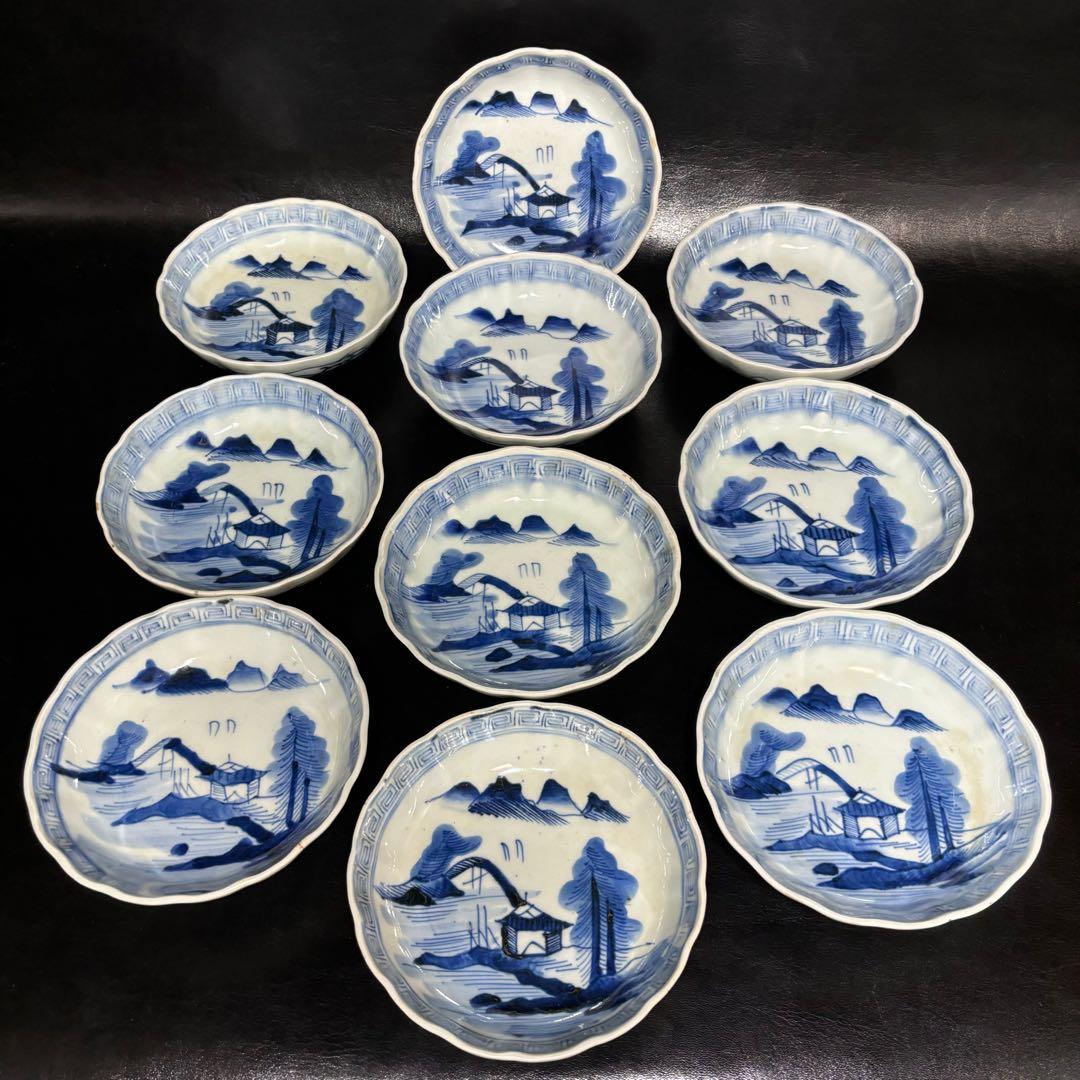 ☆江戸期！古伊万里 染付 膾皿/山水図 丸皿/鉢/なます