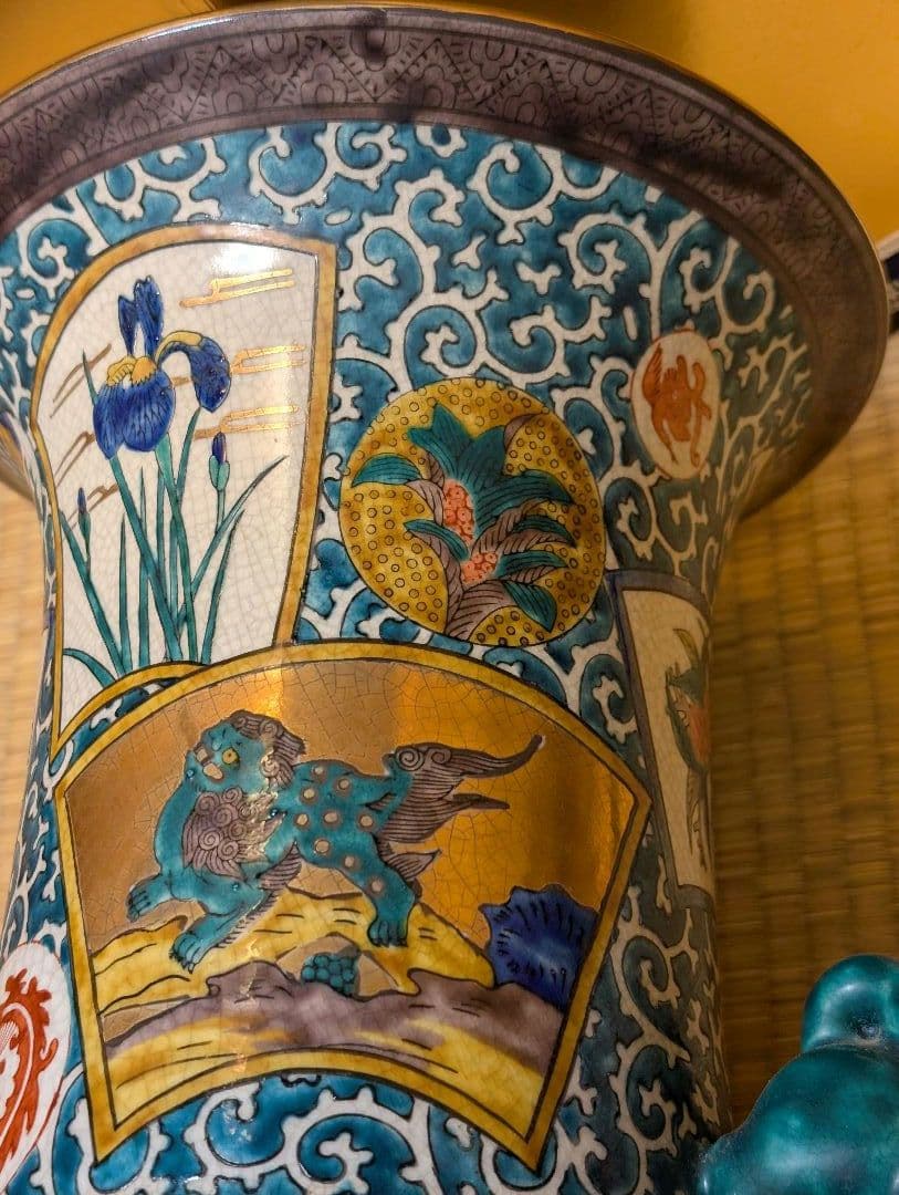 九谷焼角福青手壺花瓶 『双耳飾壺』