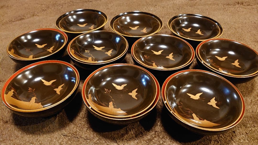 輪島塗 金蒔絵 蒔絵 波千鳥 蓋椀 10客