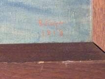 真作】絵画 油彩8号 静寂なる湖畔と遠山 ブルートーンに包まれた朝景