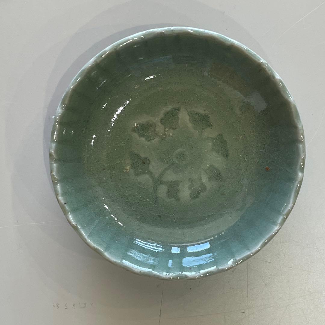 唐物 明時代 龍泉窯 青磁 陰刻 花文 小皿 5客 中国 古玩 印花