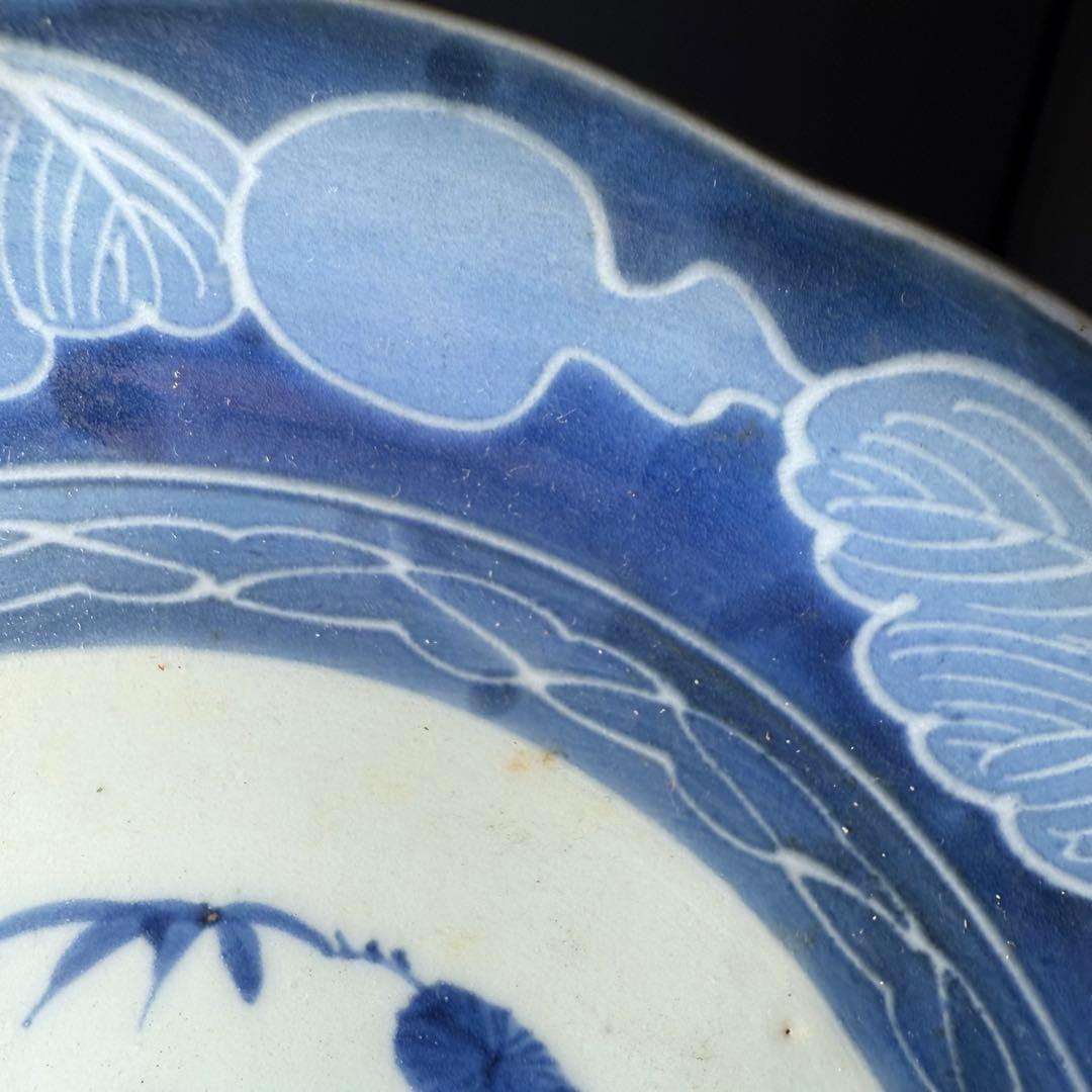 江戸後期　古伊万里　墨弾き　染付　松竹梅　瓢箪文様　5枚　23.3cm　雰囲気◎