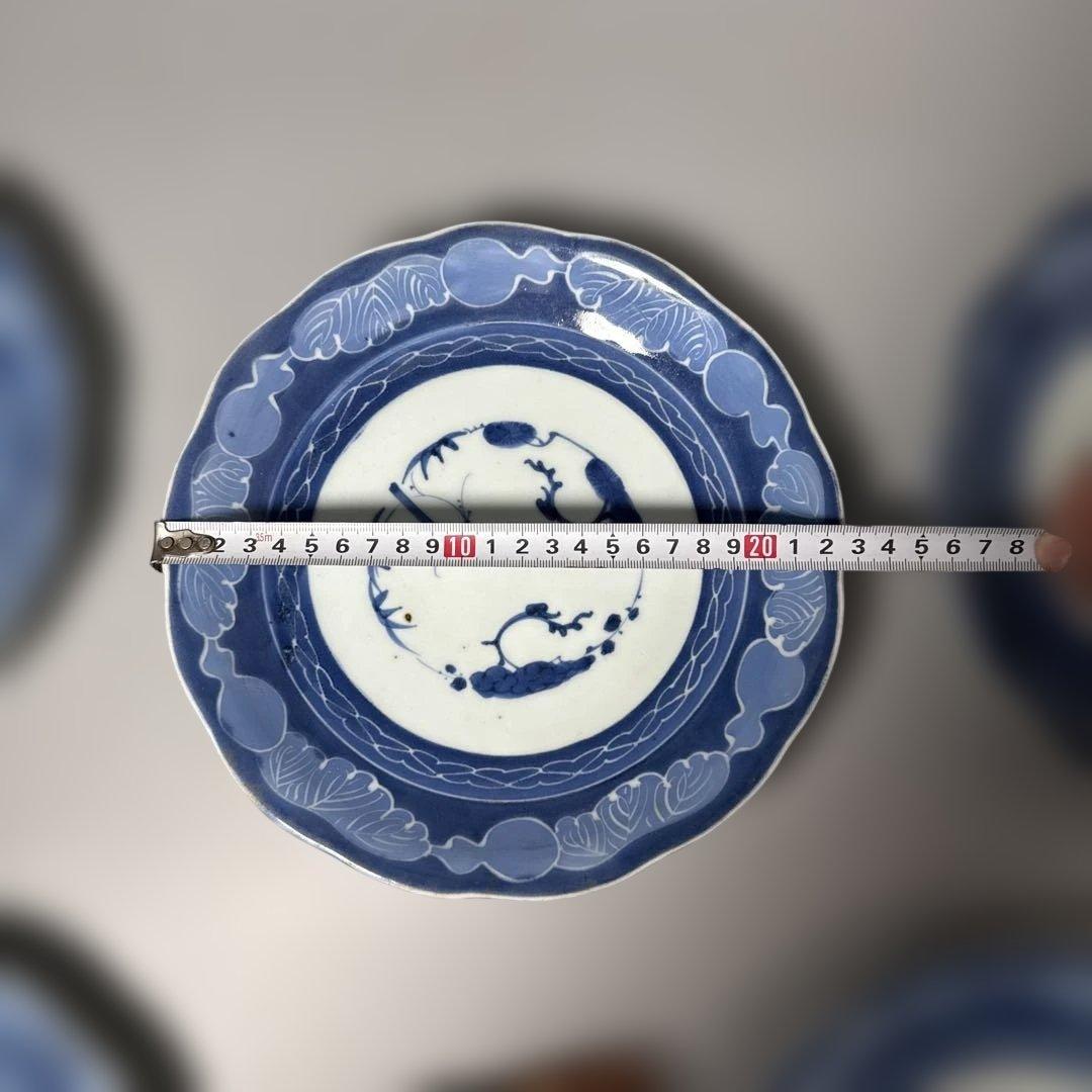 江戸後期　古伊万里　墨弾き　染付　松竹梅　瓢箪文様　5枚　23.3cm　雰囲気◎