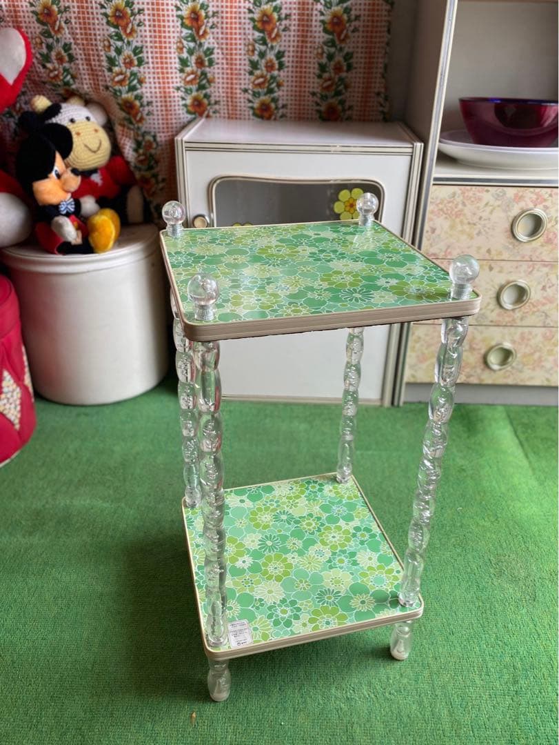 気泡 棚 花柄 2段ラック 昭和レトロ レトロポップ インテリア 当時物 緑