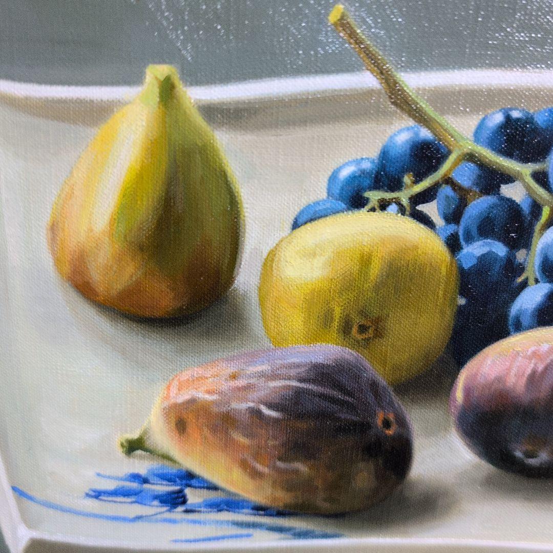 横浜市出身の洋画家川島実の【扇形皿の静物】（果物の静物画 ）、川島実F6号 油彩