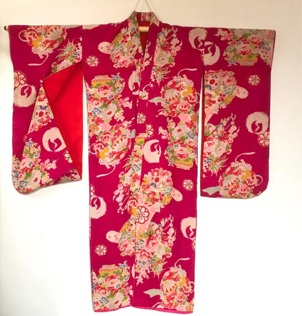 正絹 アンティーク着物 女の子 七五三 ◇花つぼ 花丸紋 古典柄